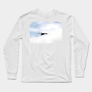 Great Blue Heron Flying Past the Clouds Above Trojan Pond 4 Long Sleeve T-Shirt